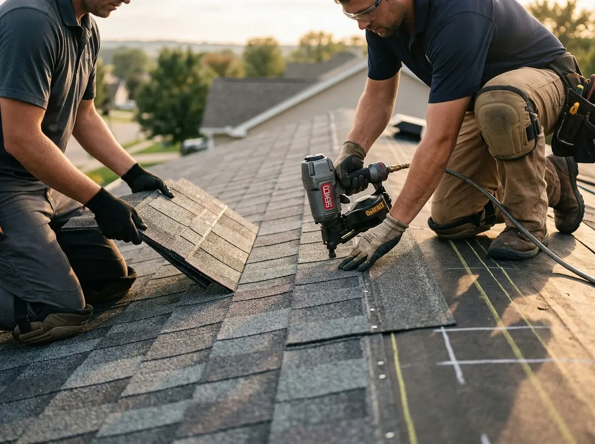 Professional roofer working on a residential roof in Millburn